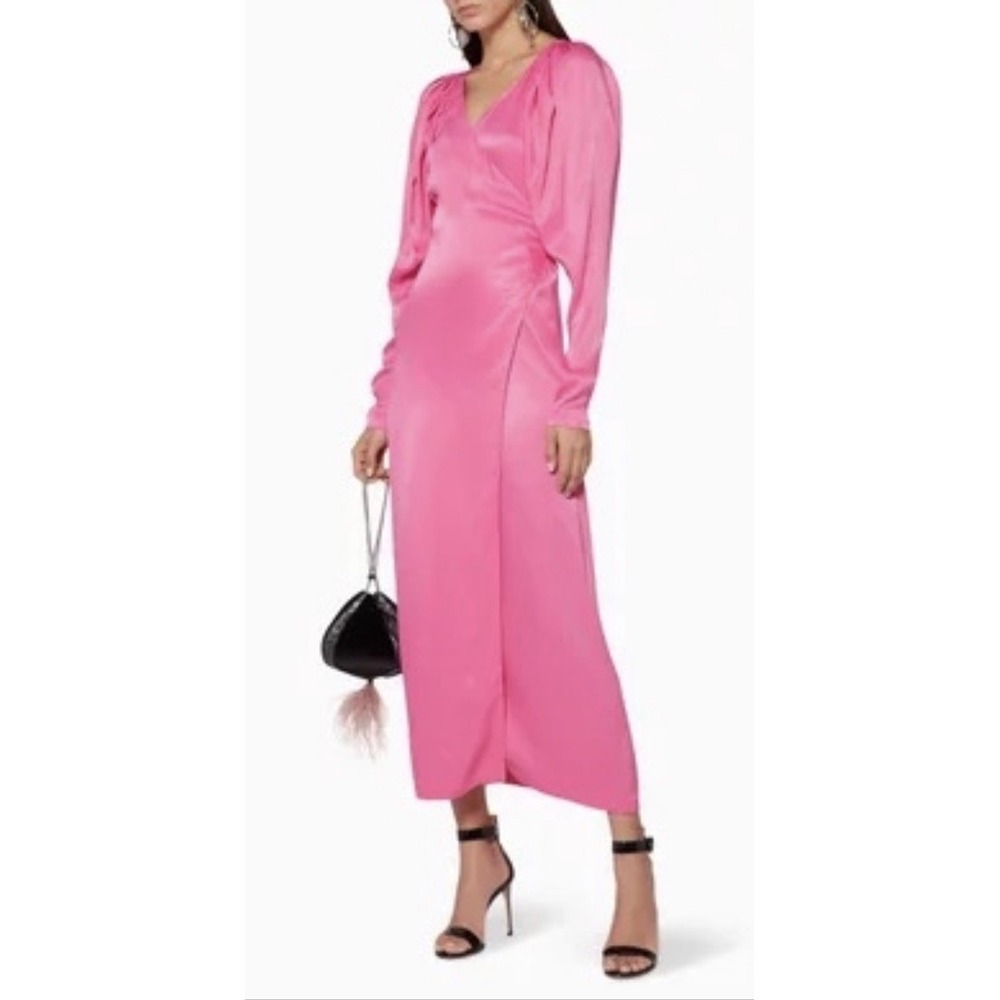ROTATE Birger Christensen Pink Carnation Pleated Satin Wrap Dress Size 34 /S